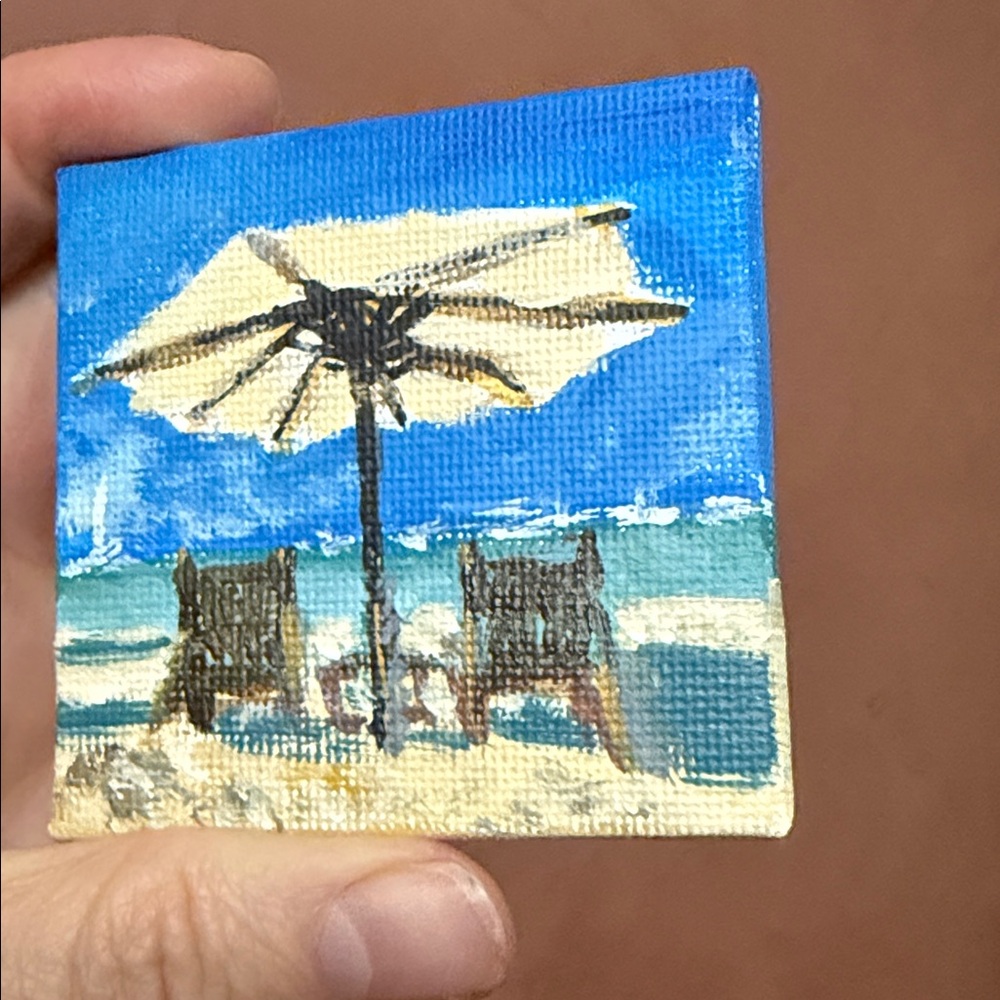 Two Mini Beach Scene Canvas Paintings/ magnets 2.5x2.5 inches